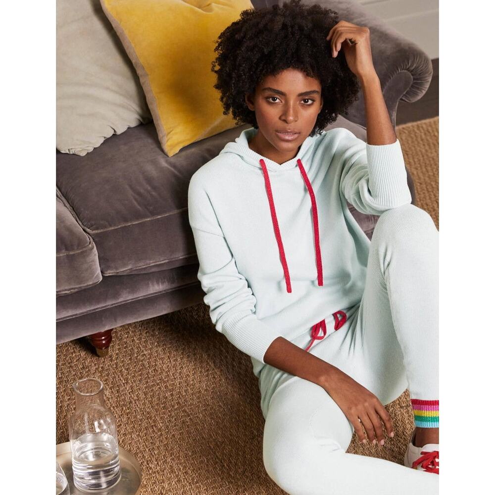 Boden | Cashmere/Wool Blend Light Blue Rainbow Back Stripe Knit Hooded Pullover - Picture 3 of 15